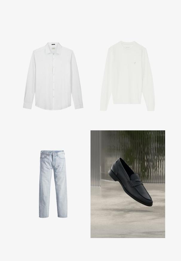 Hvid langærmet sweater lavet af blødt strikket materiale. Har en rund hals og et lille broderet fugledesign på venstre bryst.; Hvid langærmet skjorte, knapned krave, blød tekstur, glat stof, diskret logo på brystet og klassisk pasform med buet kant.; Lys blå denim jeans med lige ben, knaplukning, fem lommer og subtilt falmet tekstur. Har metal hardware detaljer.; Sort læderloafer med glat finish, spids tå og sømdetaljer over vristen. Lav hæl og minimalistisk design.