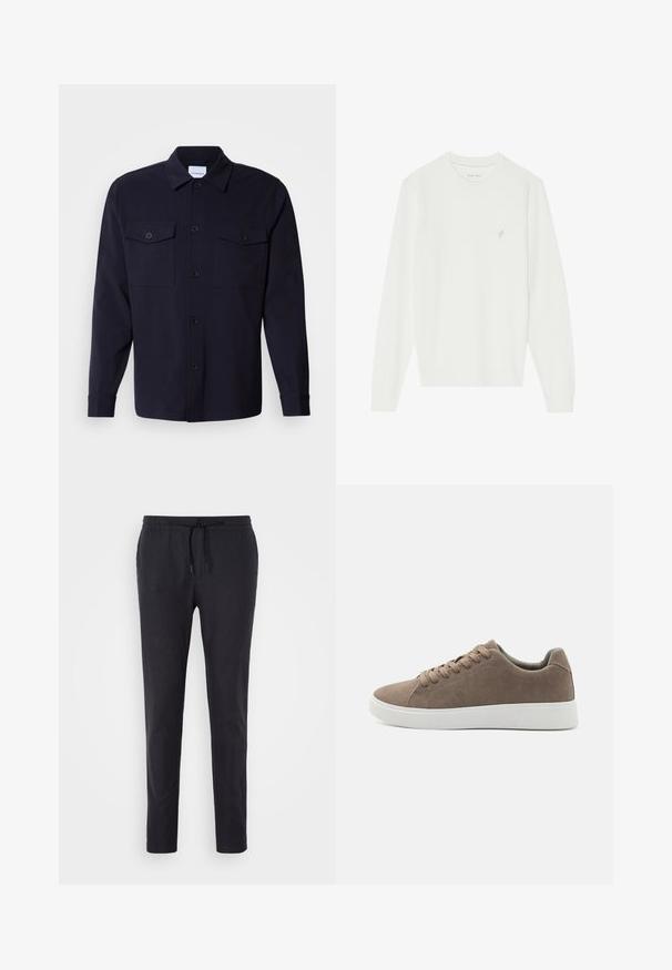 Hvid langærmet sweater lavet af blødt strikket materiale. Har en rund hals og et lille broderet fugledesign på venstre bryst.; Marineblå skjortejakke lavet af blødt stof, der har to brystlommer, knaplukning foran og lange ærmer med knapmanchetter.; Sorte bukser med snøre i livet, tilspidset pasform, glat tekstur og elastiske manchetter. Fremstillet af letvægtsstof.; Brune ruskinds sneakers med flade hvide gummisåler, snørelukning, rund tå og en glat overflade. Minimalistisk stil med diskrete syninger.