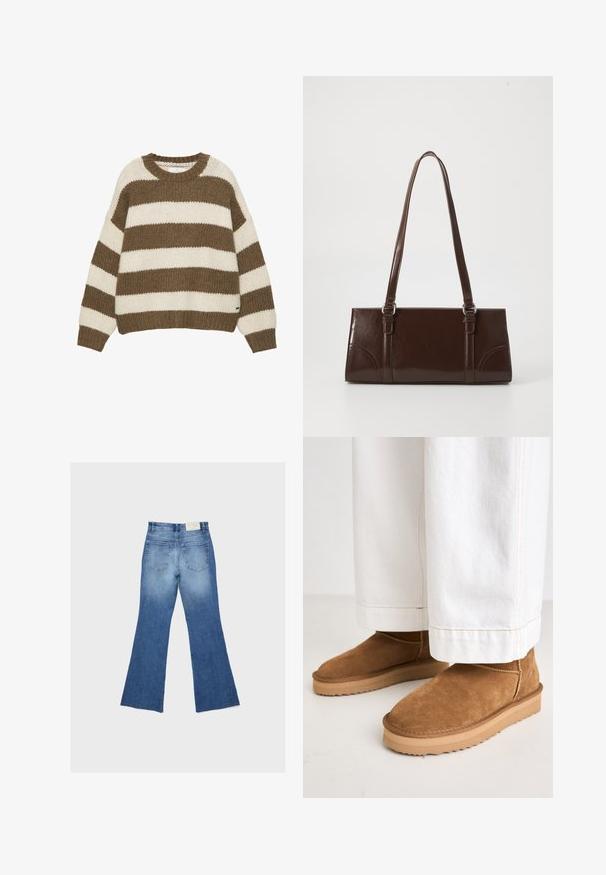 Pull en maille rayé marron et crème avec un col rond, une coupe oversize, et des poignets et un ourlet côtelés. Tissu doux et texturé.; Jean en denim bleu avec jambes évasées et deux poches arrière, présenté à plat sur un fond gris clair.; Bottines en daim marron avec un bout rond et une semelle en caoutchouc texturée, associées à un pantalon large blanc avec des coutures contrastantes.; Sac à main en cuir verni marron de forme rectangulaire, avec deux longues poignées et des accents courbés subtils à l'avant.