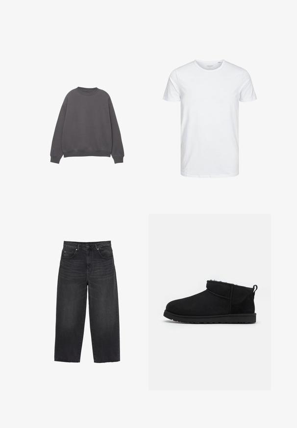 Sweat-shirt gris foncé à manches longues et col rond, avec poignets et ourlet côtelés, présenté à plat sur fond blanc.; T-shirt à col rond à manches courtes de couleur blanche unie, fabriqué en coton doux, avec un design simple sans motifs ni accents visibles.; Jean noir à jambes larges avec une taille haute, bouton et fermeture éclair à l'avant, passants pour ceinture, et poches avant et arrière.; Bottines noires en daim avec une doublure douce et texturée, une semelle en caoutchouc basse et une languette à l'arrière pour un enfilage facile.