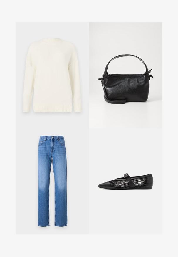 Pull en tricot blanc avec un col et des poignets en côtes. Présente une coupe décontractée et une texture douce, idéale pour superposer lors des temps plus frais.; Jean en denim bleu clair avec une taille haute, une coupe droite et des zones décolorées. Comprend des poches avant standard et une fermeture à bouton.; Chaussure plate noire avec un bout pointu, panneaux latéraux en maille et une sangle avec une boucle décorative. Fini lisse sur les sections du bout et du talon.; Sac à main en cuir noir au design structuré, avec une poignée arrondie et une bandoulière amovible. Présente une texture lisse et un éclat subtil.