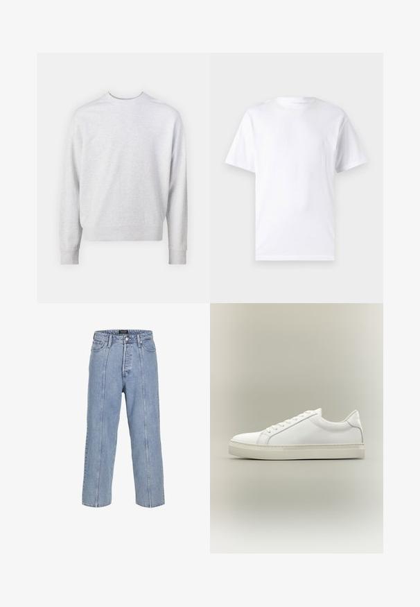 Lys grå sweatshirt med rund hals, lange ærmer, ribbede manchetter og en afslappet pasform. Fremstillet af en blød bomuldsblandingsstof.; Hvid kortærmet t-shirt lavet af bomuld med rund hals, der har en glat tekstur og et simpelt design uden mønstre eller accenter.; Lysblå denimjeans med løs pasform, brede ben og synlige syninger. Har knap- og lynlåslukning samt fem lommer.; Hvid lavtop sneaker med snørebånd foran og tyk sål, vist fra siden mod en neutral baggrund.