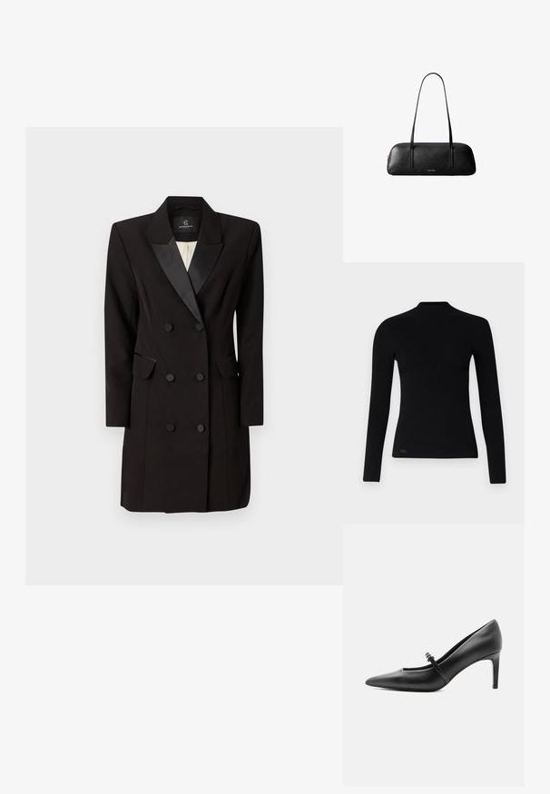 Sort ribbet trøje med lange ærmer og høj hals, der har en tætsiddende form og struktureret stof. Litet logo nederst til venstre.; Dobbeltbreasted sort blazer kjole lavet af glat stof, med satin klap, to klaplommer og seks frontknapper.; Sort læderspids højhælede sko med tynd rem og spænde over vristen, stående på en neutral lys baggrund.; Sort rektangulær læderhåndtaske med lange tynde stropper og gylden "Calvin Klein"-logo på midten foran.