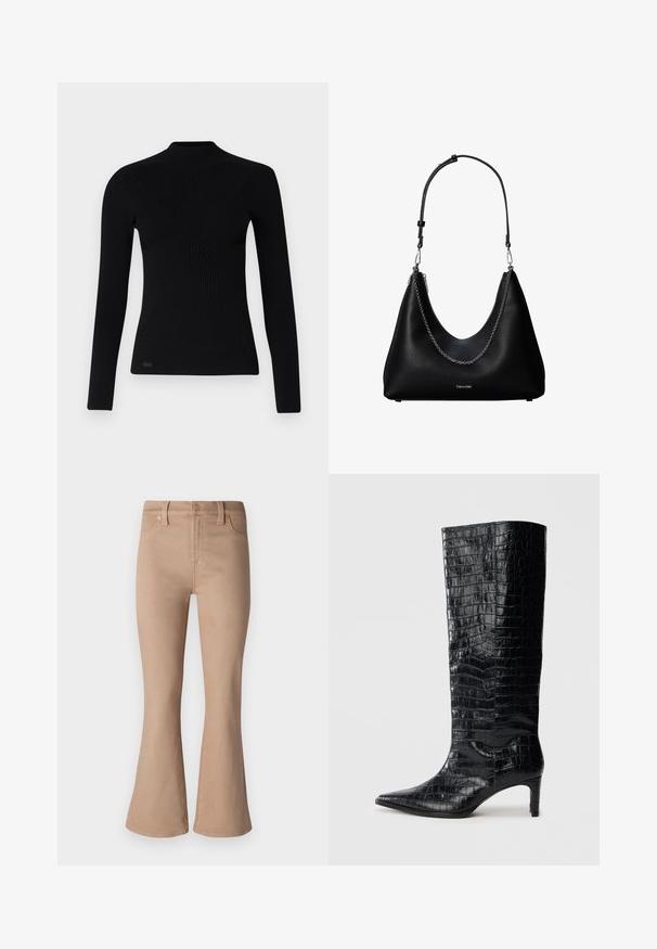 Pull en maille côtelée noir à manches longues et col montant, avec une coupe ajustée et un tissu texturé. Petit logo en bas à gauche.; Jean flare beige en denim, avec une texture lisse, des poches avant, une fermeture éclair et des accents en boutons et rivets dorés.; Bottes noires montantes, avec une texture brillante à motif crocodile, bout pointu et talon effilé. Matériau synthétique lisse.; Sac à main en cuir noir avec un détail en chaîne argentée et une bandoulière réglable, arborant le logo Calvin Klein à l'avant.