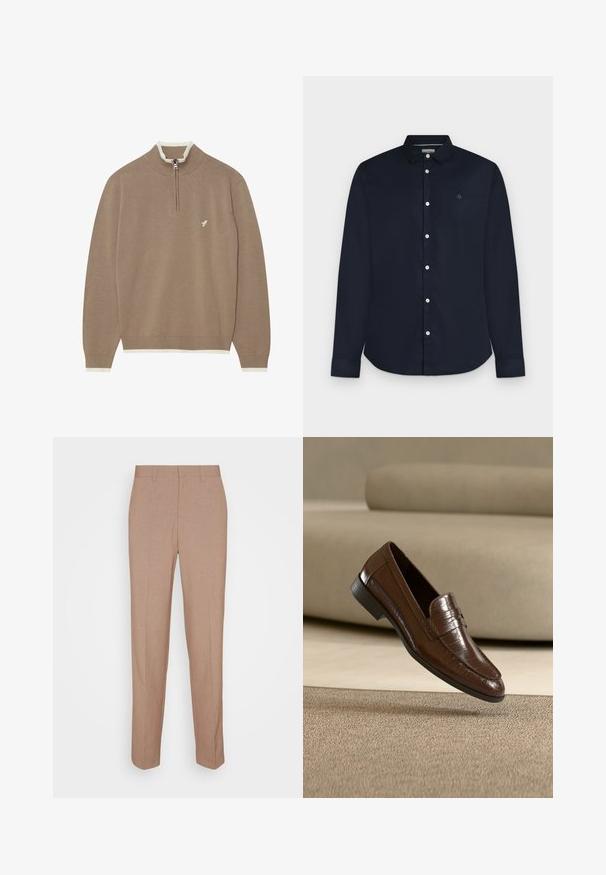 Pier One by Zalando Jersey de punto - 704 - beige; Camisa de hombre azul marino de manga larga con botones, cuello y botones blancos, mostrada sobre un fondo gris claro.; Pantalones beige a medida en una tela lisa y con textura. Corte recto con cintura y sin adornos ni bolsillos visibles.; Mocasín de cuero marrón con un patrón texturizado flotando sobre una alfombra beige con un sofá beige a juego de fondo.