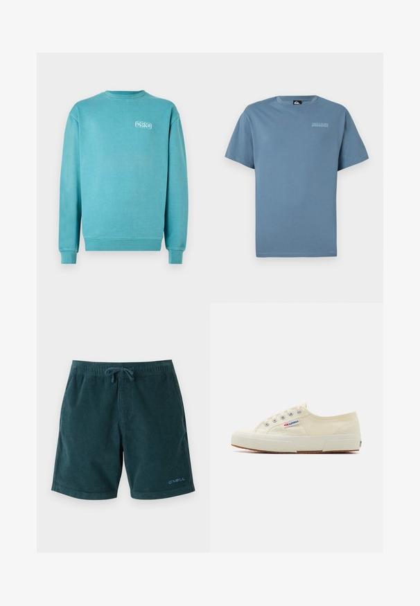Turkis bomulds sweatshirt, rund hals, lange ærmer, ribbede manchetter og kant, med et lille hvidt grafisk logo på venstre bryst.; Blå bomulds t-shirt med rund hals og korte ærmer. Har et diskret Quiksilver-logo trykt på brystet i lys grå.; Mørkegrønne kordfløjsbadetights med elastisk talje og snøre. Har logo på den nederste højre ben. Glat tekstur, knælangt design.; Beige lærredssneaker med et lavprofildesign, metaløjet og gummisål. Har et tekstureret mønster og logodetalje på siden.