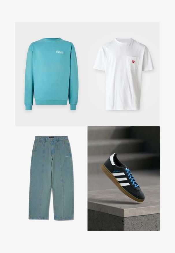 Turquoise katoenen sweatshirt, ronde hals, lange mouwen, ribgebreide manchetten en onderrand, met een klein wit grafisch logo op de linkerkant van de borst.; Witte katoenen T-shirt met een ronde hals en korte mouwen. Bevat een klein rood hartlogo op de linkerkant van de borstzak.; Lichtblauwe, niet-verweerde denim broek met een recht model, voorzien van voorzakken en een subtiele geborduurde logo nabij de taille.; Zwarte Adidas-sneaker met witte strepen, blauwe veters en een gumzool die boven een grijze betonnen trede zweeft in zacht licht.