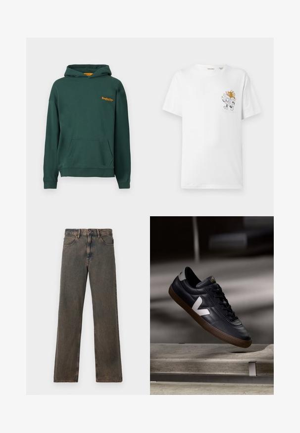 Donkergroene hoodie van een katoenmix met een voorzak. Beschikt over een oranje logo op de borst en ribbelboorden.; Witte katoenen t-shirt met korte mouwen, met een cartoonfiguur in grijs en kleurrijke accenten op de linkerborst.; Bruine gewaste jeans met rechte pijpen, voorzakken, knoopsluiting en riemlussen, weergegeven tegen een witte achtergrond.; Zwarte leren sneakers met een wit V-logo, vetersluiting aan de voorkant, geperforeerde details en een bruine rubberen zool; strak ontwerp met minimale accenten.