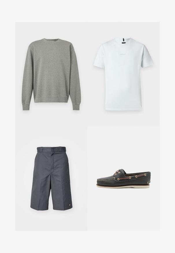 Sweat-shirt gris uni à col rond avec manches longues et bords-côtes aux poignets et à la base, présenté sur fond blanc.; T-shirt en coton bleu clair avec des manches courtes, col rond et un petit logo brodé au centre. Design simple et dépouillé.; Shorts gris en tissu durable, dotés d'une coupe droite, de deux poches latérales et d'un petit logo sur la poche arrière.; Bateau en cuir noir avec un bout arrondi, semelle en caoutchouc blanche, œillets dorés et lacets maroon contrastants. Comprend des détails cousus.