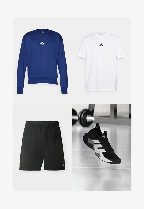 Blauwe sweatshirt met lange mouwen van zachte stof. Heeft een ronde hals en een wit Adidas-logo op de borst. Ribbeluitsneden aan de mouwen en onderkant.; Witte katoenen T-shirt met een klein zwart driehoekig logo op de borst, korte mouwen en een ronde halslijn. Eenvoudig en klassiek ontwerp.; Zwarte katoenen sportshorts met een elastische tailleband, verstelbaar trekkoord en logodetail op het linkeronderbeen. Glad textuur.; Zwart sportief schoen met een mesh bovenwerk, witte strepen en grijze accenten. Voorzien van een gevoerde kraag en een rubberen zool. Geschikt voor gebruik in de sportschool.