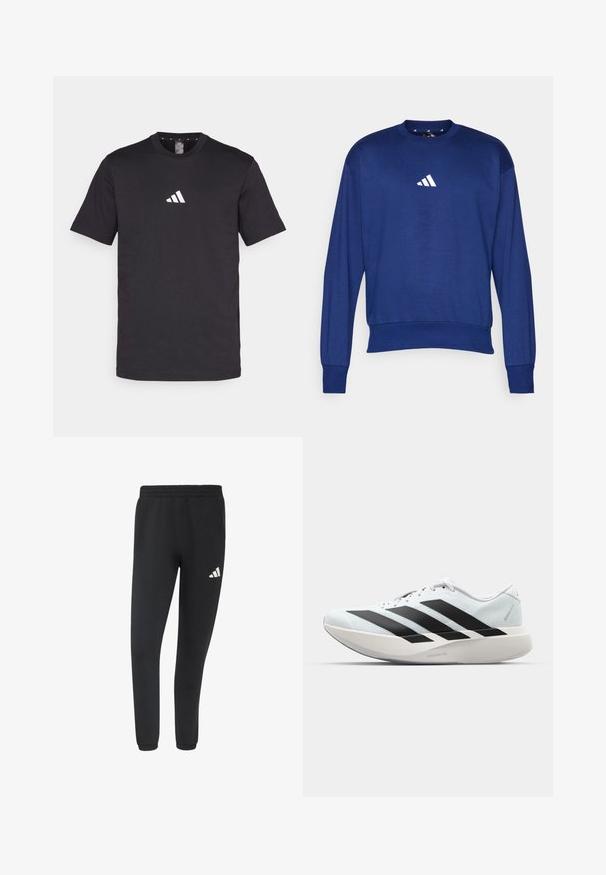 Sudadera azul de manga larga hecha de un tejido suave. Cuenta con un cuello redondo y un logo blanco de Adidas en el pecho. Puños y dobladillo acanalados.; Camiseta de algodón negra con mangas cortas, que presenta un logo blanco de Adidas en el pecho. Diseño clásico de cuello redondo.; Pantalones deportivos negros tipo jogger con cinturilla y puños elásticos, con un pequeño logo blanco de Adidas en el muslo derecho.; Zapatilla de correr blanca con tres grandes rayas negras en el lateral y una suela curva y gruesa etiquetada como Lightstrike Pro.
