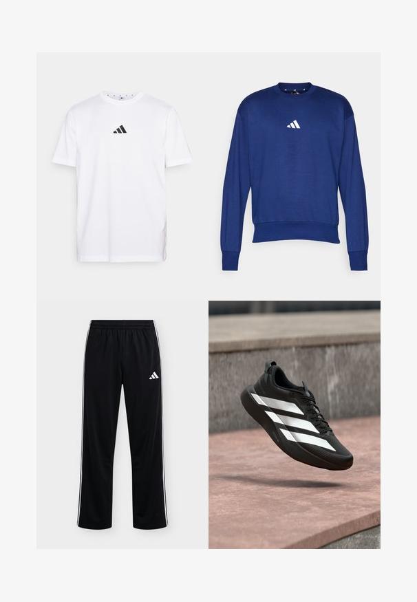 Blaues Langarm-Sweatshirt aus weichem Material. Hat einen Rundhalsausschnitt und ein weißes Adidas-Logo auf der Brust. Rippbündchen an den Ärmeln und am Saum.; Weißes Baumwoll-T-Shirt mit einem kleinen schwarzen dreieckigen Logo auf der Brust, kurzen Ärmeln und rundem Ausschnitt. Einfaches und klassisches Design.; Schwarze Adidas Trainingshose mit weißen Seitenstreifen und Logo am oberen linken Oberschenkel, elastischem Bund, gerader Beinführung.; Schwarzer Sportschuh mit weißem Drei-Streifen-Design, schwarzen Schnürsenkeln und dicker Sohle, schwebt über einer steinernen Oberfläche im Freien.