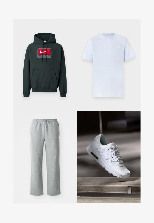 Tume roheline kapuutsiga pusa, mis on valmistatud pehmest kangast, millel on suur Nike logo punase ja valgega nelinurkse plaadi peal hallide aktsentidega. Ees on tasku.; Hele sinine puuvillane t-särk lühikeste varrukatega, ümar kaelus ja valge Nike logo trükituna vasakul rinnal. Sile tekstuur, lihtne disain.; Hallide hallast puuvillased dressipüksid elastse vöökohtadega, nööriga sulgemise ja sirgete jalgadega. Ülemises vasakus nurgas on väike logo.; Valged Nike Air Max 90 sneakers, millel on võrkkangast ja nahast ülemine osa, aukudega varbadosa ning nähtav õhuüksus kandades.