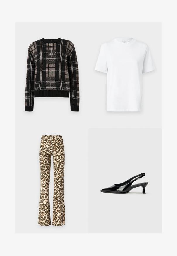 Sort strikket sweater med beige og hvid ternet mønster, rund hals, lange ærmer og ribbede manchetter og kant.; Hvid bomulds T-shirt med rund hals, kortærmet og en glat tekstur. Designet med en afslappet pasform for komfort og alsidighed.; Buketbukset i leopardprint i tan og sort, med en glat tekstur og en tætsiddende talje, der spænder ud fra knæet og ned.; Sorte patenterede slingback-sko med spidse tæer og lav blokhæl. Justerbar spænde-rem ved anklen.
