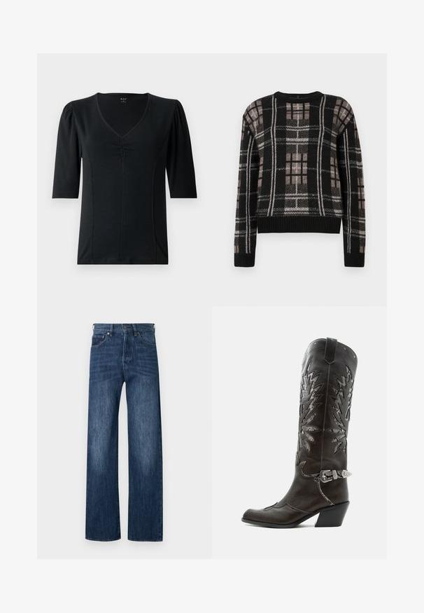 Pull en tricot noir avec un motif à carreaux beige et blanc, col rond, manches longues, et poignets et ourlet côtelés.; Haut noir à manches courtes avec un col en V, présentant des détails froncés au centre et un tissu lisse et élastique.; Jean en denim bleu à jambes larges avec une texture lisse, conception à cinq poches et fermeture par bouton. Présente des zones légèrement délavées pour plus de détails.; Botte de cowboy en cuir noir avec découpes décoratives, boucle argentée et talon incliné, présentée sur fond blanc.