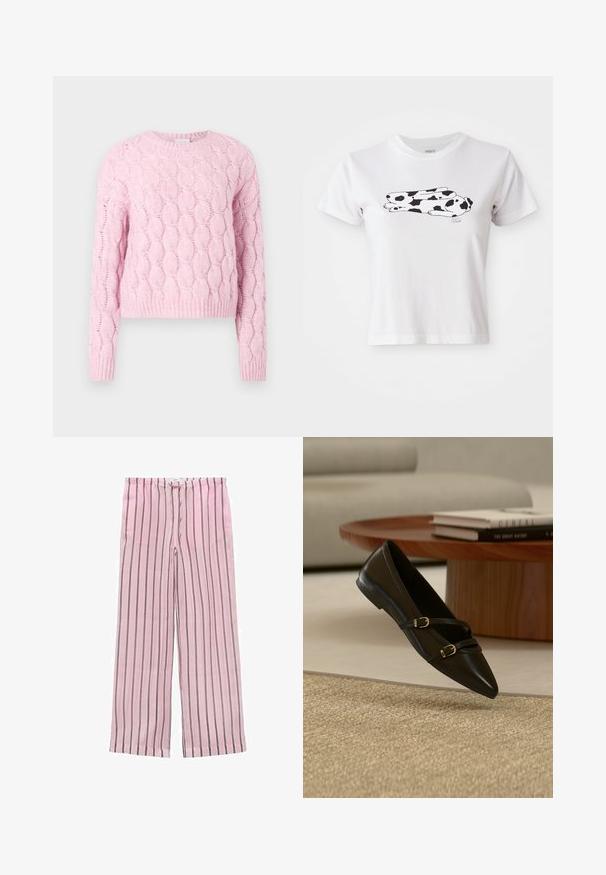 Lyserød strikket sweater med et struktureret kabelmønster, lange ærmer og rund halsudskæring. Ribkant forneden og ved ærmerne. Blødt stof.; Hvid bomulds t-shirt med en sort-hvid tegneserie-kanin grafik, korte ærmer og rund halsudskæring.; Lyserøde stribede bredbenede bukser med sorte og grå lodrette striber. Fremstillet af letvægtsstof og med en elastisk talje for komfort.; Sort flad sko med spids snude og to tynde remme med spænder, der svæver over et beige tæppe, med et bord i træ og bøger i baggrunden.