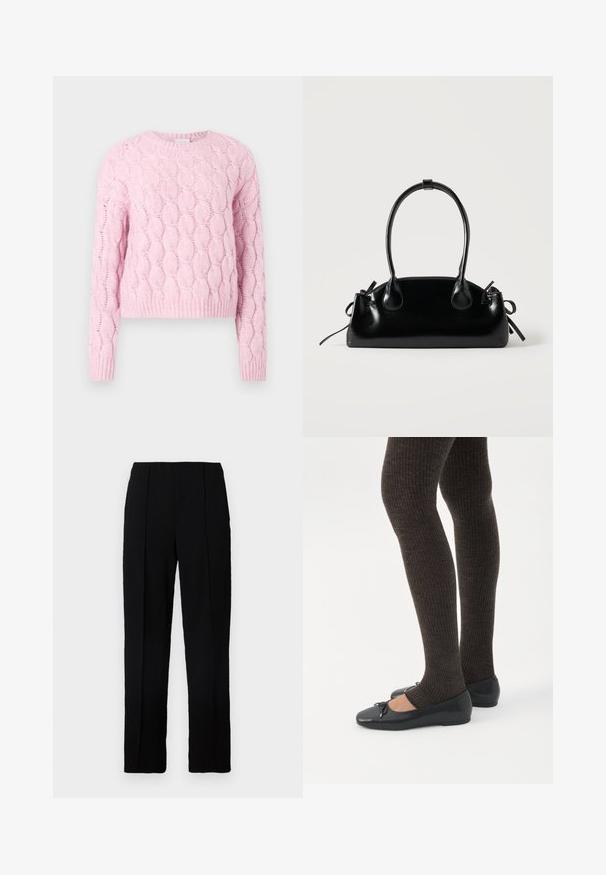 Suéter rosa de punto con patrón texturizado de cable, mangas largas y escote redondo. Dobladillo y puños acanalados. Tela suave.; Pantalones negros de corte recto, confeccionados en una tela lisa, con dos pliegues delanteros y una cinturilla limpia.; Piernas con leggings oscuros acanalados combinados con bailarinas negras que presentan pequeños detalles de lazo sobre un fondo blanco.; Pequeño bolso negro brillante con dos asas largas y detalles de cordón lateral sobre un fondo claro liso.