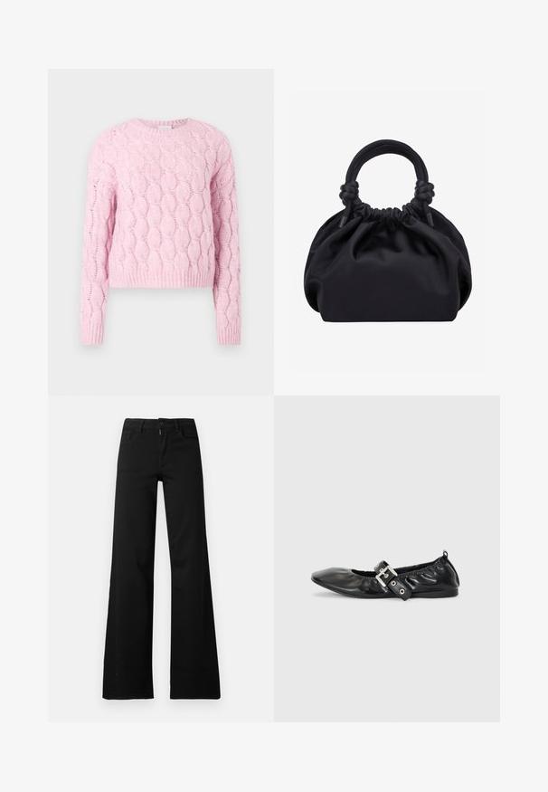 Rosa gestrickter Pullover mit strukturiertem Zopfmuster, langen Ärmeln und einem runden Ausschnitt. Gerippter Saum und Bündchen. Weicher Stoff.; Schwarze hoch taillierte Hose mit weitem Bein, vorne mit Knopf- und Reißverschluss, Gürtelschlaufen und Vordertaschen auf weißem Hintergrund.; Schwarze Leder-Ballerinas mit spitzem Zehenbereich, gerafften Details am Schaft und einem silbernen Schnallenakzent am verstellbaren Riemen.; Schwarze weiche Stoffhandtasche mit gerafftem oberen Rand und runden, gepolsterten Griffen, die auf jeder Seite mit Knoten gebunden sind.