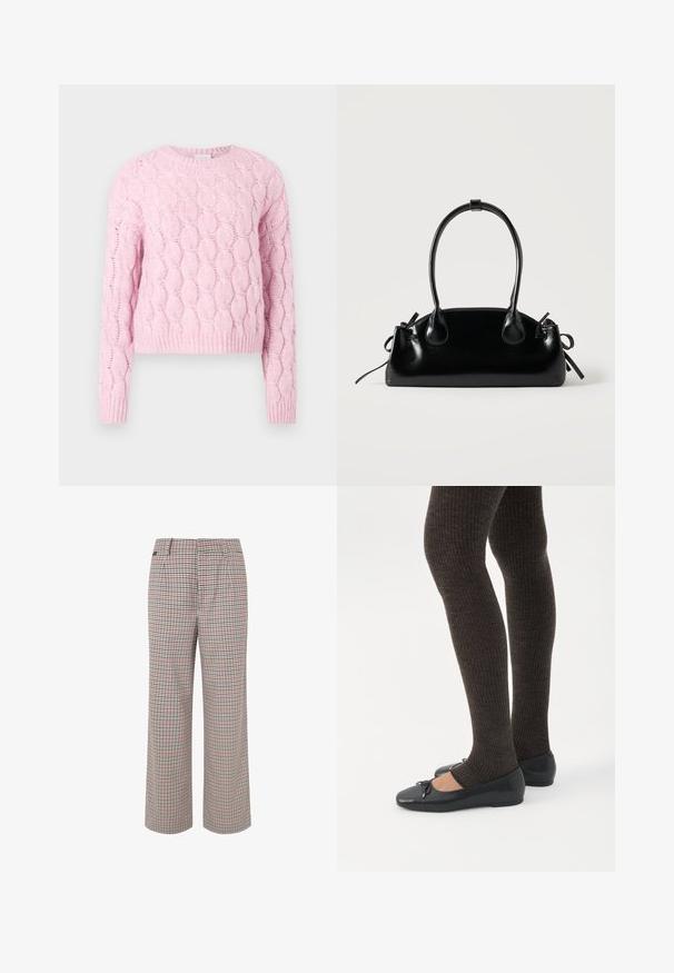 Lyserød strikket sweater med et struktureret kabelmønster, lange ærmer og rund halsudskæring. Ribkant forneden og ved ærmerne. Blødt stof.; Tjekkede bukser i beige, rød og marineblå. Bred ben-design med skræddersyet talje og plisseringer, der har en tekstureret stoffinish.; Ben iført mørke ribbede leggings kombineret med sorte balletsko med små sløjfedetaljer på hvid baggrund.; Lille sort blank håndtaske med to lange håndtag og snøre-detaljer i siden på en ensfarvet lys baggrund.