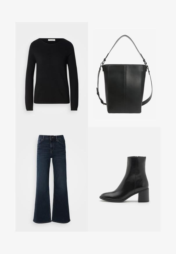 Pull noir à manches longues en tissu doux, doté d'un col rond et de poignets et d'un ourlet côtelés, mettant en avant une texture lisse et un design basique.; Mos Mosh HERA - Jean flare - dark blue; Bottine en cuir noir avec un bout arrondi, un talon bloc de hauteur moyenne et une finition lisse. Dotée d'une fermeture éclair discrète sur le côté.; Sac seau en cuir noir avec deux bretelles réglables et des détails de couture minimalistes sur un fond uni.