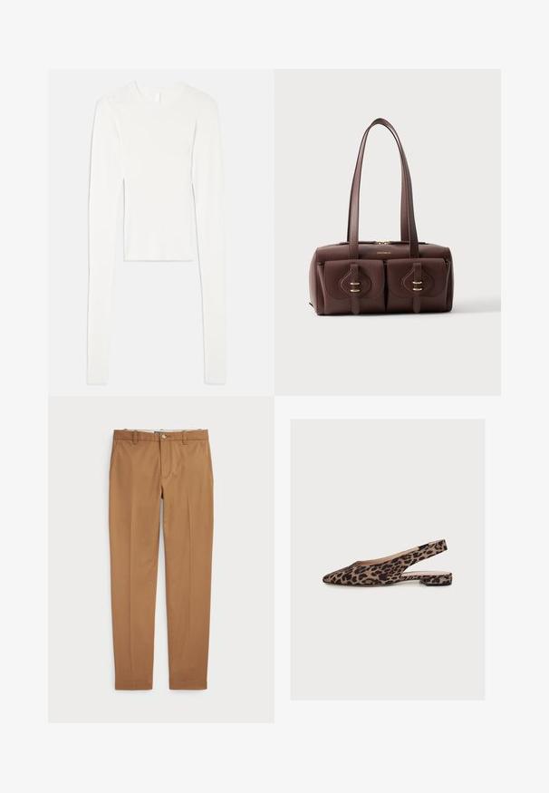 Wit ribgebreid topje met lange mouwen, een ronde halslijn, een strakke pasvorm en een gladde textuur, met verlengde mouwen en een cropped lengte.; Bruine katoenen broeken met een slim-fit ontwerp, vlakke voorkant en standaardzakken; gladde textuur en afgewerkte manchetten.; Platte slingback schoen met luipaardprint, spitse neus en lage hak, zijaanzicht tegen een effen witte achtergrond.; Bruine handtas van gestructureerd leer met twee voorvakken met gespen en dubbele schouderbanden op een effen lichte achtergrond.
