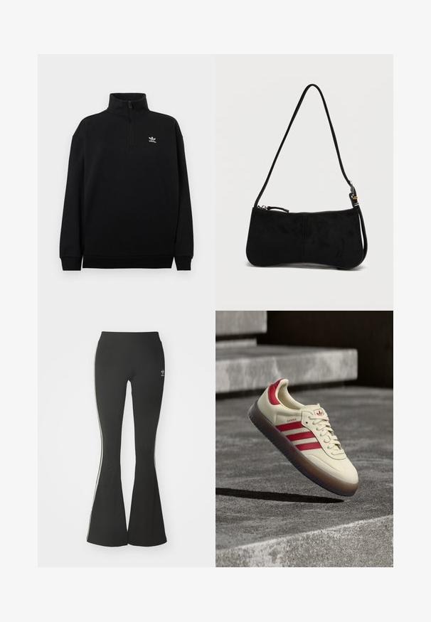 Sort kvart-lynlås sweatshirt lavet af blødt stof, med høj hals, ribstrikkede manchetter og et lille hvidt Adidas-logo på brystet.; Sorte flared leggings lavet af strækstof, med en høj talje og hvide sidestreger. Inkluderer lille logo ved taljen.; Beige lædersneaker med røde striber og detaljer, med rund tå og hvide snørebånd. Tekstureret gummisål giver godt greb.; Sort skuldertaske i ruskind med lynlås og en tynd justerbar rem mod en ensfarvet hvid baggrund.