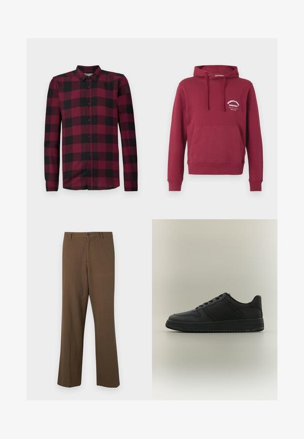 Haut à capuche bordeaux en coton doux avec une poche kangourou à l'avant, un capuchon avec cordon de serrage et un motif imprimé blanc sur la poitrine.; Chemise à manches longues avec un motif à carreaux rouge et noir, col classique et poignets ajustés.; Pantalons marron à jambes droites en tissu texturé, avec une fermeture à bouton et une taille standard, dotés de poches latérales et de coutures ajustées.; Baskets basses noires avec panneaux texturés, fermeture à lacets et semelle épaisse sur un fond gris neutre.