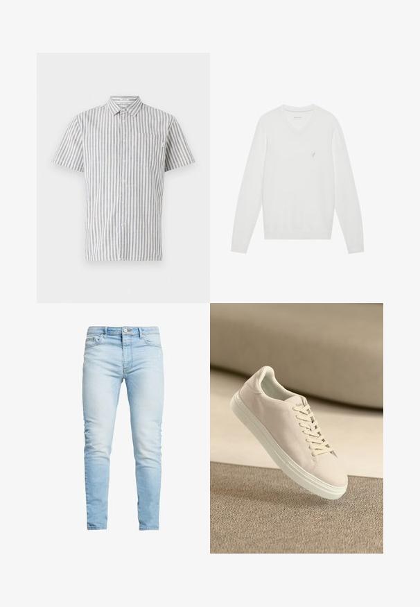 Pull blanc en V, en tissu doux, doté de manches longues et d'un petit logo brodé sur la poitrine gauche. Texture lisse, design classique.; Chemise à manches courtes à boutons en rayures verticales blanches et bleues, avec une poche poitrine et un col classique. Tissu en mélange de coton.; Jean en denim bleu clair avec une coupe slim, taille haute et décoloration subtile, fermeture par bouton et design à cinq poches.; Baskets en suède beige avec semelle et lacets blancs, présentées en suspension au-dessus d'un tapis beige texturé sur fond beige doux.