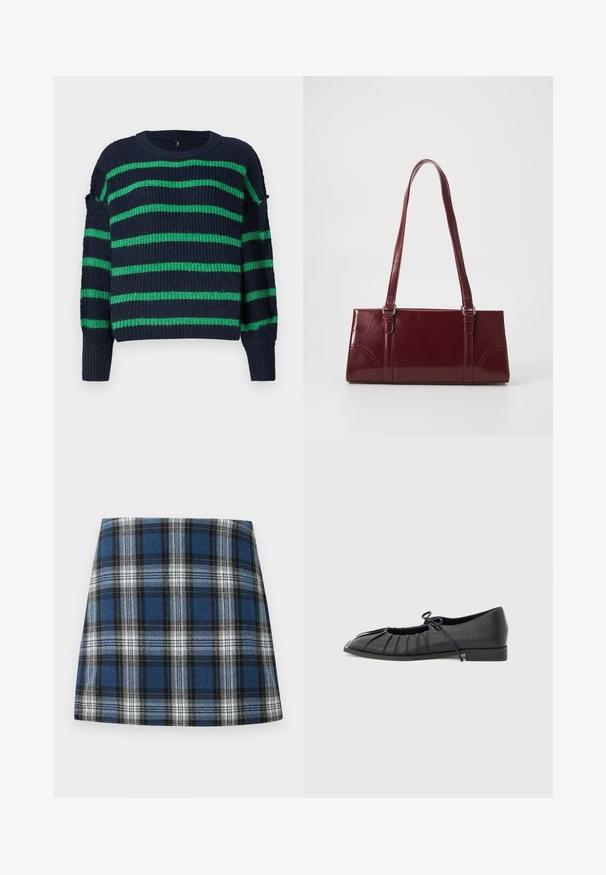 Pull en tricot bleu marine avec des rayures horizontales vertes et des bords côtelés, doté d'un col rond et d'une coupe légèrement ample.; Jupe en tartan bleu présentant un motif à carreaux varié en bleu, noir et blanc. Fabriquée dans un tissu texturé avec une silhouette ajustée.; Chaussure plate noire avec design plissé à l'avant et un nœud noué sur le dessus, petit talon, et texture lisse sur un fond gris clair.; Sac à main bordeaux en matériau brillant, de forme rectangulaire, avec deux anses et des accents légèrement courbés à l'avant.