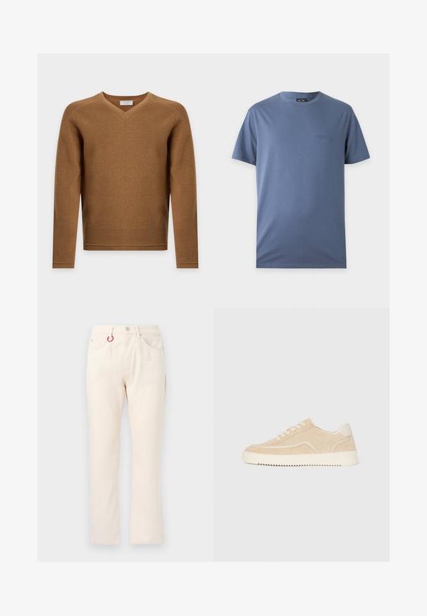 Pull marron à manches longues avec col en V tricoté, avec col, épaules, poignets et ourlet côtelés, présenté sur un fond uni clair.; T-shirt bleu uni à manches courtes avec col rond et petit logo brodé discret sur la poitrine gauche.; Pantalon beige à jambe droite avec cinq poches, passants pour ceinture, fermeture par bouton et un porte-clés rouge attaché à la poche avant gauche.; Baskets en daim beige avec semelle et lacets blancs, design basse, et motif de semelle en zigzag.