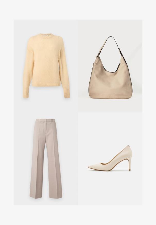 Pull tricot à manches longues de couleur crème avec des poignets et un ourlet côtelés, et un col rond.; Pantalons beige à jambes larges en tissu lisse, avec une taille haute, des plis avant et une silhouette ajustée.; Escarpin beige à talon haut avec un bout pointu, empeigne en cuir lisse et un talon aiguille élancé. Présente un décolleté faible à l'avant et aucun matériel visible.; Sac à bandoulière en cuir beige avec une sangle réglable unique et un logo de marque doré discret au centre avant.