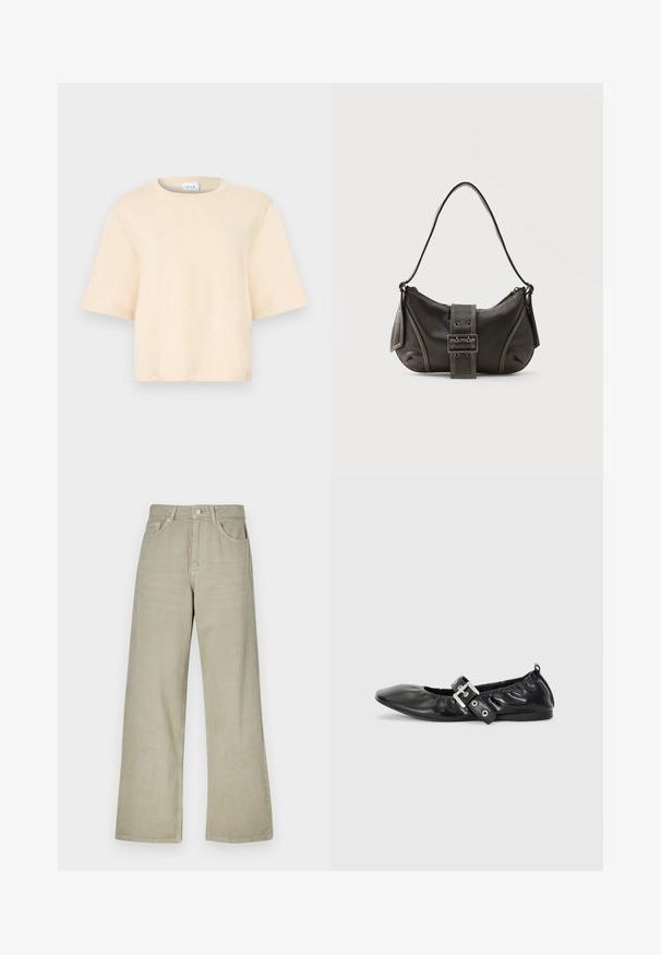 Beige bomuld t-shirt med korte ærmer, rund halsudskæring og en afslappet pasform. Glat tekstur uden mønstre eller ekstra detaljer.; Khaki bredde ben jeans lavet af bomuldsblanding. Har en knaplukning, fem lommer og en ren, struktureret stofoverflade.; Sorte læder flade sko med spids tå, samling detaljer omkring åbningen, og en sølv spænde accent på den justerbare rem.; Sort læder skuldertaske med spænde på remmen, afrundede kanter og kontrasterende hvide syninger på en ensfarvet baggrund.