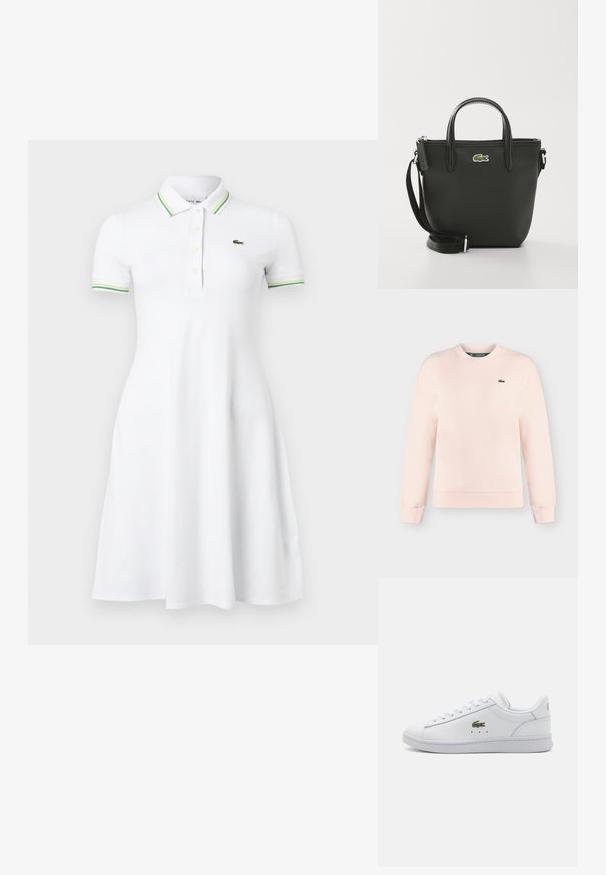 Sweat-shirt rose clair à manches longues avec col rond, poignets et ourlet côtelés, avec un petit logo crocodile vert Lacoste sur la poitrine gauche.; Robe polo blanche à manches courtes avec col et poignets rayés verts, patte de boutonnage et petit logo crocodile vert sur la poitrine.; Baskets blanches en cuir avec un bout rond, lacées à l'avant, logo crocodile vert et subtils points noirs ; semelle plate en caoutchouc ; design minimaliste.; Sac fourre-tout synthétique noir avec doubles poignées, bandoulière amovible, fermeture éclair et accent du logo crocodile vert de Lacoste.