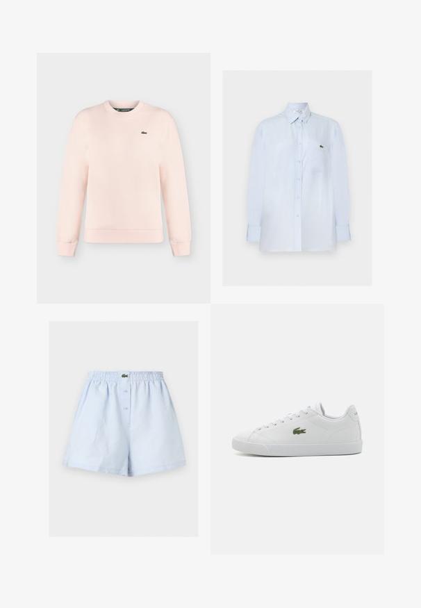Lyserød langærmet crewneck-sweatshirt med ribstrikkede manchetter og kant, med en lille grøn Lacoste-krokodillelogo på venstre bryst.; Lyseblå skjorte med lange ærmer og knapper, med brystlomme og lille grønt krokodillelogo på lommen.; Lyseblå herretights med elastisk talje, forreste knaplukning og lille grønt krokodillelogo i midten.; Hvide lædersneakers med rund tå, snøre-design, grøn broderet krokodille-logo og struktureret gummisål.