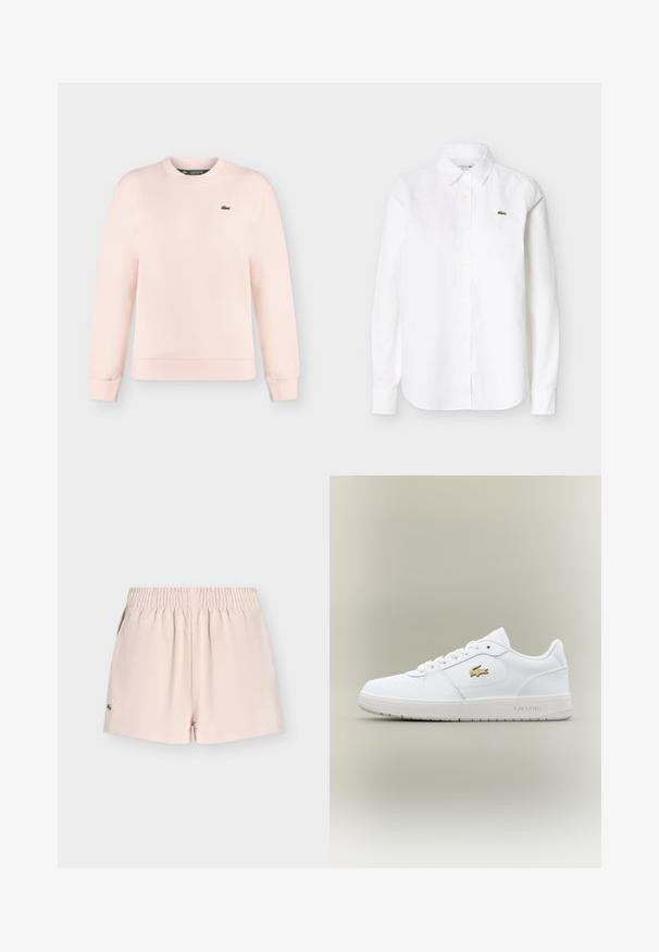 Sweat-shirt rose clair à manches longues avec col rond, poignets et ourlet côtelés, avec un petit logo crocodile vert Lacoste sur la poitrine gauche.; Chemise blanche à manches longues avec col et boutons, ornée d'un petit logo crocodile vert sur la poitrine gauche.; Shorts pour femme rose clair avec taille élastique, motif géométrique subtil, poches latérales et petit logo vert brodé sur la jambe gauche.; Baskets en cuir blanc avec un design basse, bout arrondi, fermeture à lacets et un accent du logo doré Lacoste sur le côté.