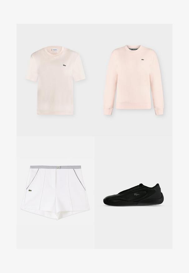 Sweat-shirt rose clair à manches longues avec col rond, poignets et ourlet côtelés, avec un petit logo crocodile vert Lacoste sur la poitrine gauche.; T-shirt Lacoste crème à manches courtes, col rond et petit logo crocodile vert sur la poitrine gauche.; Short blanc sur mesure avec coutures verticales, ceinture rayée, poches avant avec passepoil noir et petit logo crocodile vert sur le côté gauche.; Baskets Lacoste noires élégantes, profil bas, tige synthétique lisse et logo crocodile embossé sur le côté droit.