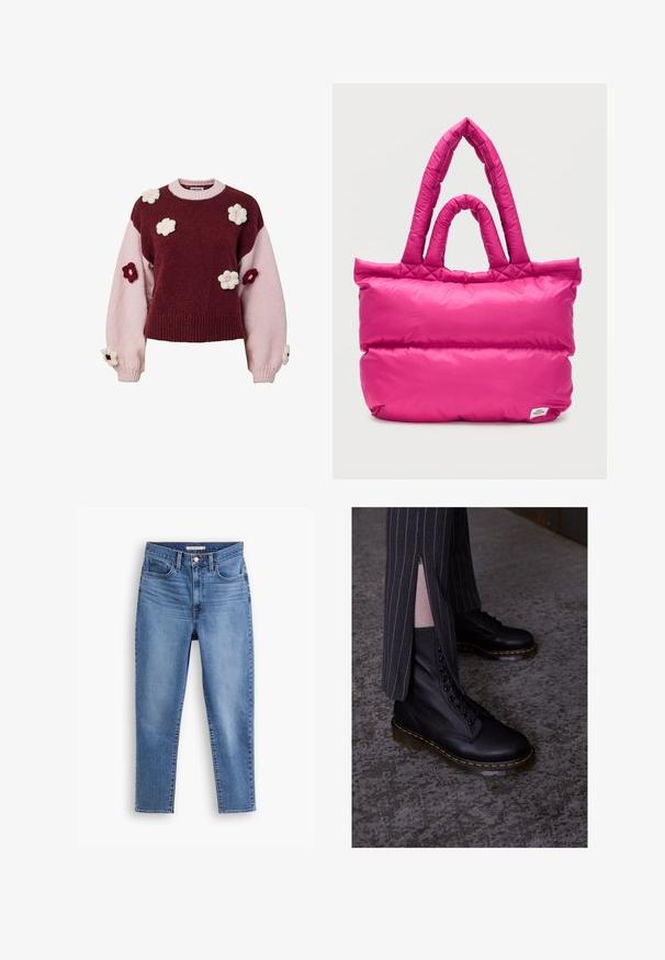 Striktrøje med bordeaux og lyserøde sektioner, pyntet med hæklede blomsterapplikationer i lyserødt og bordeaux på ærmer og krop.; Blå højtaljede kvindejeans med frontknap og lynlåslukning, bæltestropper og fem-pockets design, flad på hvid baggrund.; Sorte læder snørebåndsstøvler med en struktureret overflade, gule syninger og en solid, gennemsigtig sål. Samlet med stribede bukser med lynlåse.; Lyserød polstret skuldertaske med quiltede dobbelte håndtag og et lille hvidt mærke i nederste højre hjørne.
