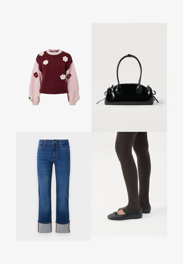 Suéter de punto con secciones en burdeos y rosa, adornado con apliques de flores tejidas en rosa y burdeos en las mangas y el cuerpo.; Jean de mezclilla azul con pierna recta, con puños enrollados en gris claro. Cintura de altura media y diseño tradicional de cinco bolsillos.; Piernas con leggings oscuros acanalados combinados con bailarinas negras que presentan pequeños detalles de lazo sobre un fondo blanco.; Pequeño bolso negro brillante con dos asas largas y detalles de cordón lateral sobre un fondo claro liso.