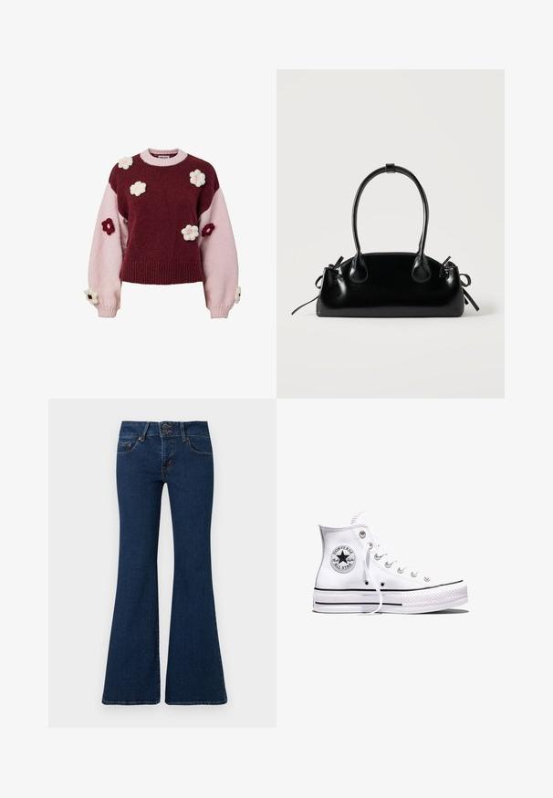 Pull en maille avec sections bordeaux et roses, orné d'appliqués floraux tricotés en rose et bordeaux sur les manches et le corps.; Jean flare bleu foncé en denim, avec fermeture éclair et double bouton, poches avant et détails cousus le long des côtés.; Baskets blanches montantes Converse Chuck Taylor All Star avec des rayures noires et un patch logo sur le côté, présentées sur un fond blanc uni.; Petit sac à main noir brillant avec deux longues anses et des détails à cordon sur les côtés sur un fond clair uni.