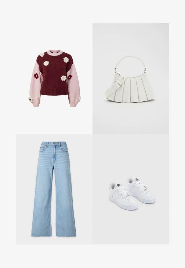 Striktrøje med bordeaux og lyserøde sektioner, pyntet med hæklede blomsterapplikationer i lyserødt og bordeaux på ærmer og krop.; Lyseblå brede jeans lavet af denim. Høj talje, to forlommer og en slidt finish med subtil tekstur. Syninger langs sømmene.; Hvide Nike Air Force 1 sneakers med en glat læderoverdel, perforeret tåboks, hvide snørebånd og sort branding på tungen.; Lacoste LENGLEN BAG - Håndtasker - cristalline