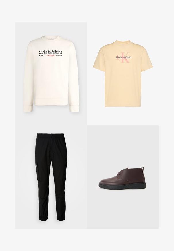 Calvin Klein Jeans GRAPHIC CREWNECK - Collegepaita - black; Beige lyhythihainen t-paita, jossa vaaleanpunainen ja musta Calvin Klein -logo painettuna etuosan keskelle.; Mustat cargo-housut, jotka on valmistettu kankaasta, ja niissä on elastinen vyötärö, nappisulku ja useita sivutaskuja läpillä.; Mustean nahkasaapas, jossa on pyöreä varvas, kaksi nauhakiinnitystä, teksturoitu musta pohja ja vetotuli kantapäässä.