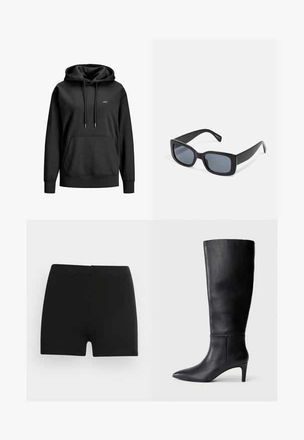 Sort hættetrøje lavet af blødt stof, med en frontlomme, snoretræk i hætten og et lille hvidt logo på brystet.; Sorte bomulds shorts med et tætsiddende design og elastisk talje. Glat tekstur, længde til midt på låret, og uden synlige mønstre eller accenter.; Sorte knælange støvler lavet af glat læder, med spids tå og en middels høj hæl, med et enkelt og stilrent design.; Sorte rektangulære solbriller med mørkt tonede linser, tyk plastramme og brede stænger. Glat overflade og kantet design.