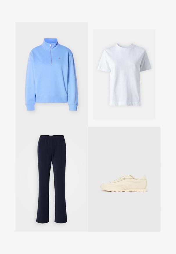 Sweat-shirt bleu clair à fermeture éclair quart de longueur avec col montant, manches longues, poignets et ourlet côtelés, et un petit logo brodé sur la poitrine.; T-shirt en coton blanc avec un col rond, manches courtes, coupe droite et texture lisse. Sans motifs ni embellissements.; Pantalon bleu marine à jambes droites en tissu extensible avec une taille élastique et deux poches avant. Texture lisse, sans motifs visibles.; Baskets basses de couleur crème avec des coutures ondulées, une fermeture à lacets et une semelle crantée, vues de côté sur un fond uni.