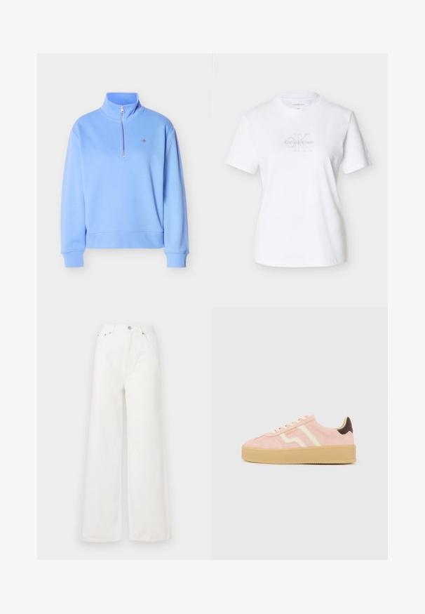 Sweat-shirt bleu clair à fermeture éclair quart de longueur avec col montant, manches longues, poignets et ourlet côtelés, et un petit logo brodé sur la poitrine.; T-shirt en coton blanc à manches courtes, avec un logo frontal en texte gris, un col arrondi et une coupe classique.; Jeans large à taille haute blancs en denim. Comprend des poches avant, une fermeture à bouton et des détails d'ourlet effiloché.; Baskets en daim rose clair avec semelle en caoutchouc beige, lacets crème, bandes latérales crème, accent talon marron foncé et logo "GANT" sur le côté.