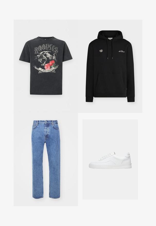 Sudadera negra con capucha, bolsillo delantero, cordones, rosa blanca bordada en el pecho izquierdo y el texto "Les Deux" en el pecho derecho.; Camiseta negra con una pantera rugiente, flores rojas y texto estilizado "KOOPLES" arriba y "WILD TOUR" debajo del gráfico.; Won Hundred STEVE - Vaqueros boyfriend - cut blue; Zapatilla deportiva blanca de corte bajo con diseño con cordones, parte superior de cuero liso y suela gruesa, vista de lado sobre un fondo liso.