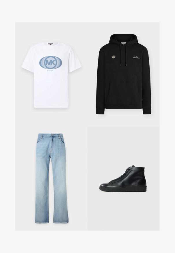 Sweat à capuche noir avec poche avant, cordons, rose blanche brodée sur la poitrine gauche et inscription "Les Deux" sur la poitrine droite.; T-shirt blanc à manches courtes avec logo ovale rayé bleu "MK" et texte "Michael Kors" centré sur le devant.; Jean denim bleu clair à coupe droite avec fermeture avant à boutons et zip, poches avant et passants de ceinture, présenté sur un fond uni.; Baskets montantes noires en cuir lisse avec un bout rond, semelle en caoutchouc plate et fermeture lacée à l'avant. Lignes épurées et accents minimalistes.