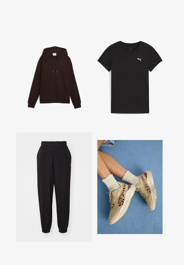 Sudadera con capucha marrón oscuro con bolsillo delantero, cordones ajustables, puños acanalados y pequeño logo de Puma en el pecho.; Camiseta negra de manga corta Puma con cuello redondo y logo blanco de Puma en el pecho izquierdo.; Pantalones de chándal negros hechos de tela suave, con cinturilla acanalada y tobillos ajustados. Incluye un pequeño logotipo en el costado.; Piernas cruzadas con zapatillas Puma beige con rayas de estampado de leopardo y calcetines crema con volantes sobre una alfombra azul.
