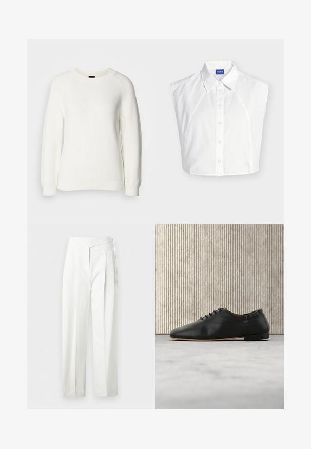 Pull en maille blanc à manches longues avec col rond et poignets et ourlet côtelés, présenté sur un fond clair uni.; Chemise blanche sans manches à col boutonné devant, avec étiquette de la marque Hugo à l’intérieur du col et logo brodé subtil près de l’ourlet.; Pantalon blanc taille haute avec plis et détail de nœud sur le côté, coupe droite et fermeture cachée.; Chaussure plate en cuir noir à lacets, bout arrondi et petit talon, vue de profil droit sur un fond clair.