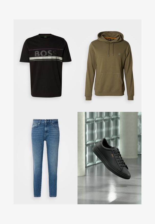 Oliivroheline kapuutsiga sviiter, mis on valmistatud pehmest kangast, esiküljel tasku, reguleeritav nöörkapuuts ja rinnal diskreetne logoäpp.; Must must t-särk, millel on julge "BOSS" logo, hõbedased ja lillad triibud rinnal ning klassikaline ümmargune kaelus.; Heledad hall sinine teksapüksid, otse lõikega, traditsioonilise viie taskuga disain, metallist nööp sulgemiseks ja esiküljel kerge tuhmumine.; Mustad madala säärega nahast tennised mustade paelte ja kuldse BOSS logo külgedel, hõljuvad läikiva halli põranda kohal moodsas siseruumis.