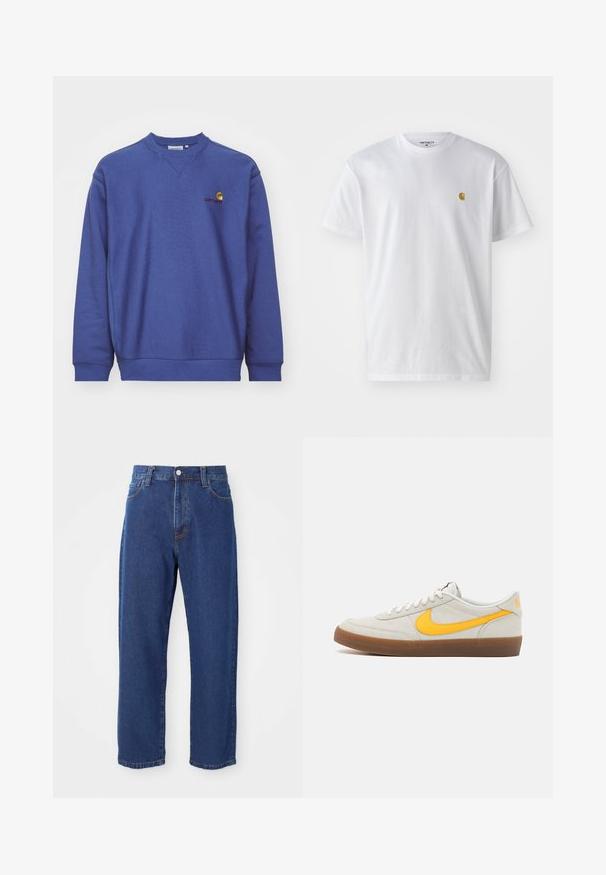 Sudadera de forro polar azul con puños y dobladillo acanalados. Presenta un cuello redondo y un pequeño logotipo bordado en el pecho. Textura suave.; Camiseta de algodón blanca con mangas cortas, cuello redondo, que presenta un pequeño logo dorado en la parte izquierda del pecho. Textura suave y corte regular.; Vaqueros de tiro alto de algodón, con una silueta de pierna recta, costuras visibles y un cierre de botón en la parte delantera.; Zapatilla Nike en ante gris claro con un swoosh amarillo, cordones blancos y una suela de goma marrón. Presenta un acabado texturizado y un cuello acolchado.